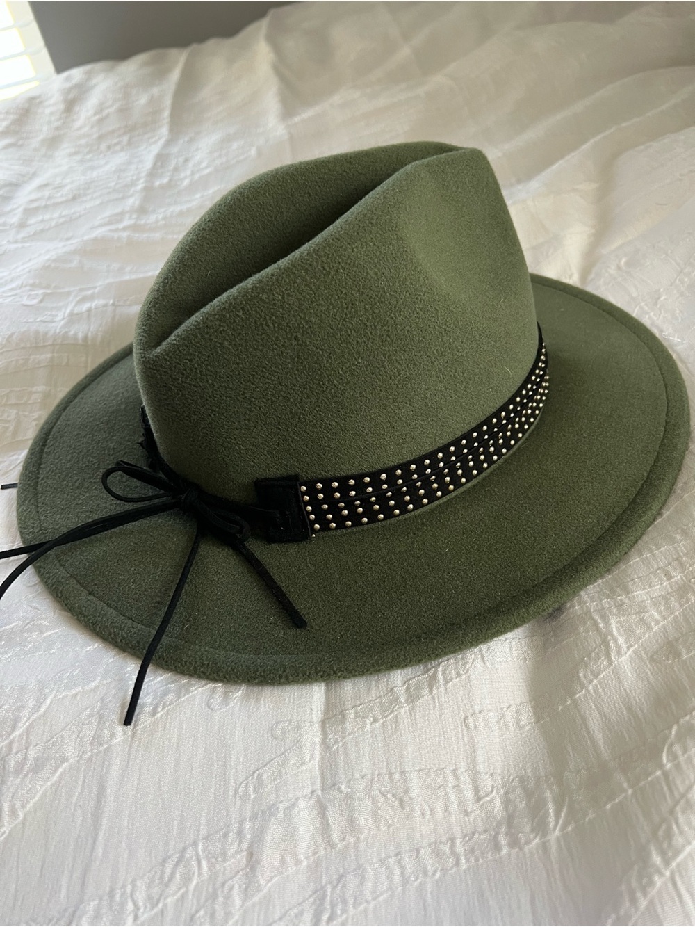 Olive Green Felt Fedora with Studded Black Band